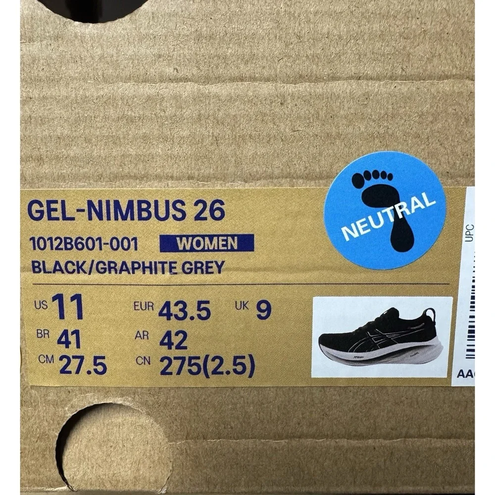 Brand New Asics Gel Nimbus 26 Black Running 1012B601 Women's Size 11 / Men 9.5